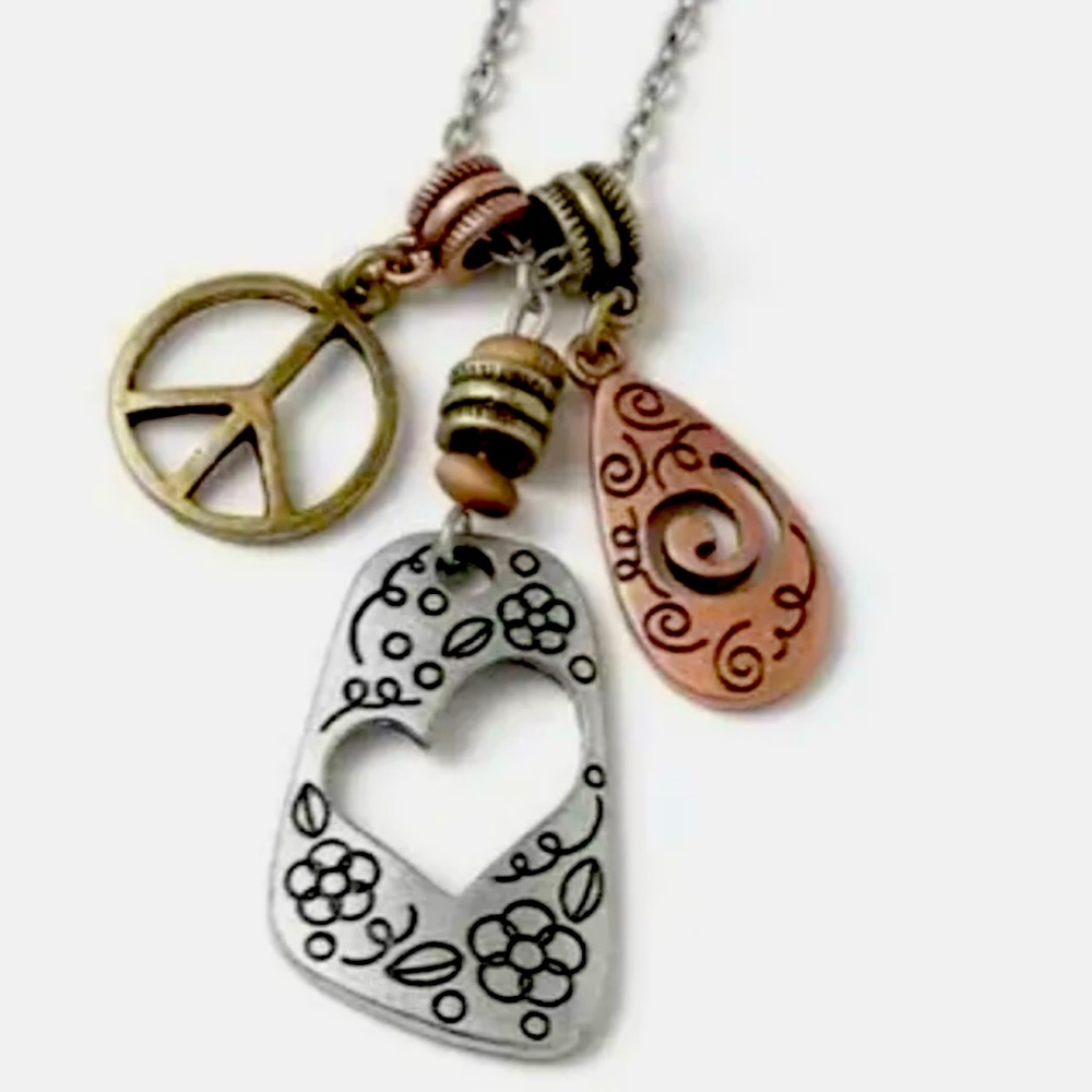 Lia Sophia “Day Dreamer” Peace & Heart Charms Silver Tone Chain Necklace